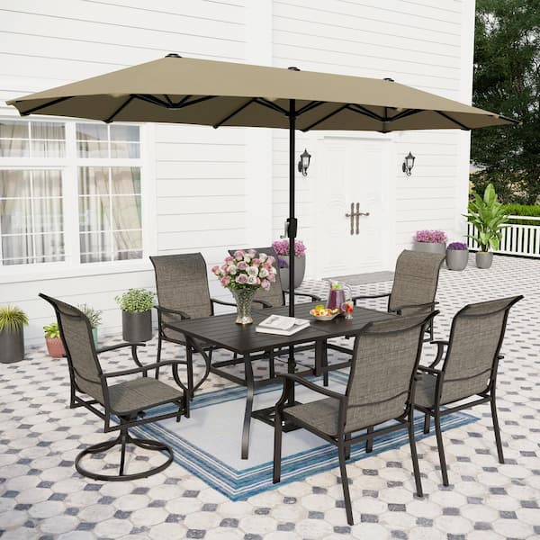 PHI VILLA 8-Piece Metal Outdoor Dining Set with Umbrella and Padded Swivel Rocker Texitilene Chair