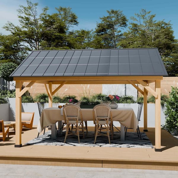 13 ft. x 11 ft. Cedar Wood Hardtop Outdoor Patio Gazebo with Galvanized Steel Roof and Ceiling Hook Brown