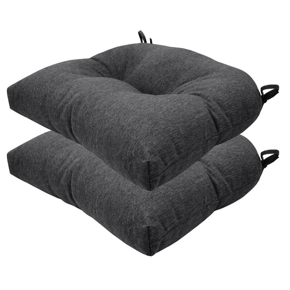 Outdoor Tufted Dining Seat Cushion Textured Solid Charcoal Grey (Set of 2)