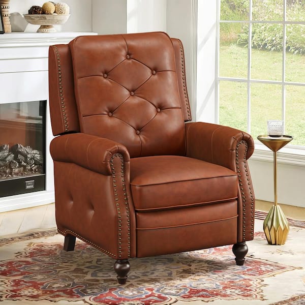 Alano Camel Top Genuine Leather Recliner Chair with Push Back Recliner with Nail Head Trim