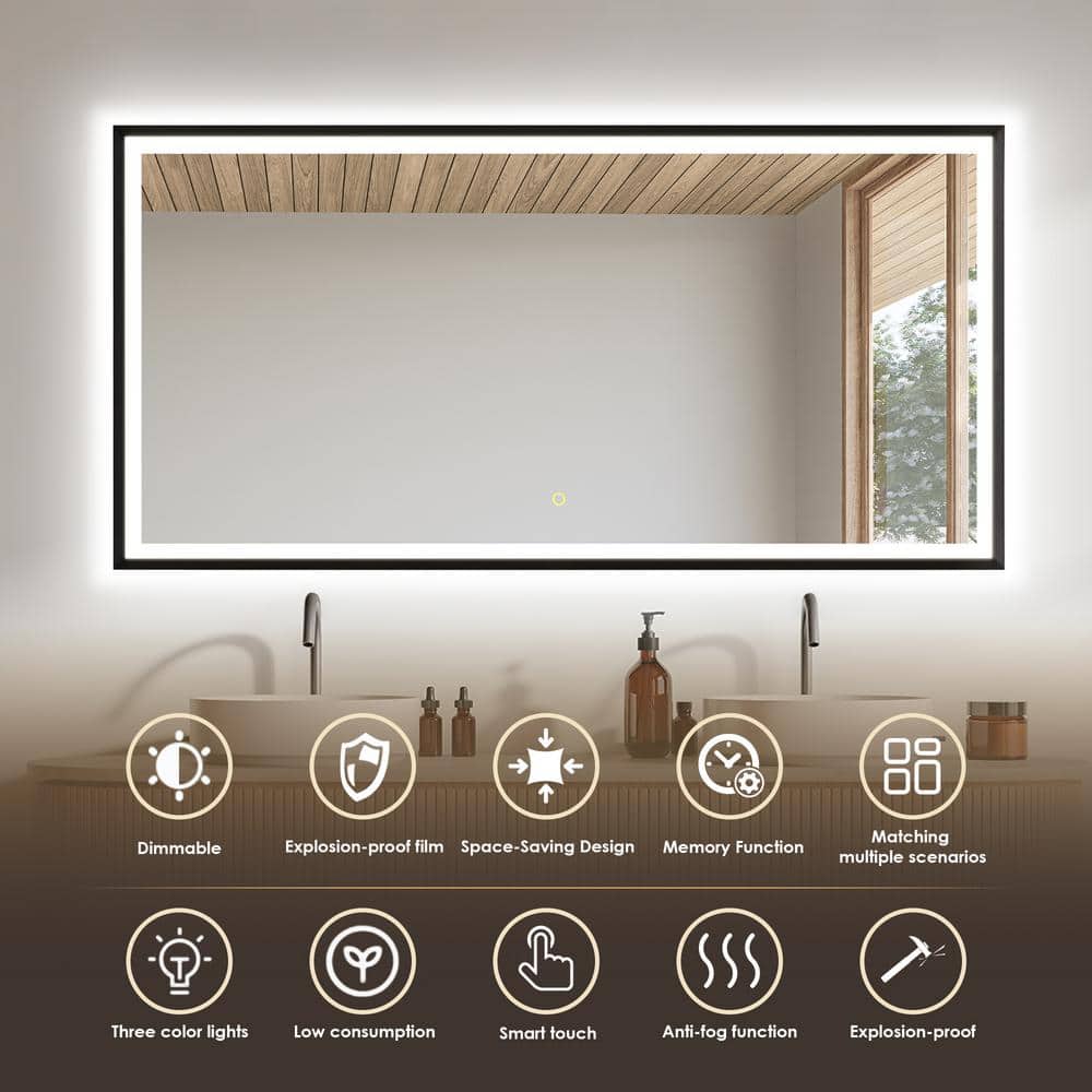Apollo 60" x 30" Matte Black LED Vanity Mirror with Anti-Fog