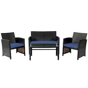 4-Piece Wicker Rattan Patio Conversation Set with Navy Cushions and Glass Table Top