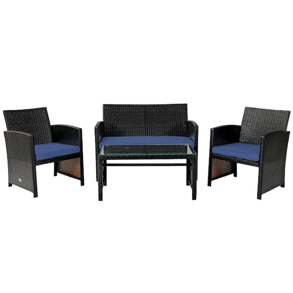 ANGELES HOME 4-Piece Wicker Rattan Patio Conversation Set with Navy Cushions and Glass Table Top