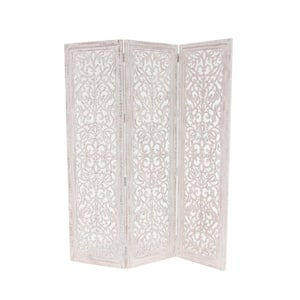 6 ft. Rectangle Hinged Foldable Partition White Floral 3 Panel Room Divider Screen with Intricately Carved Designs