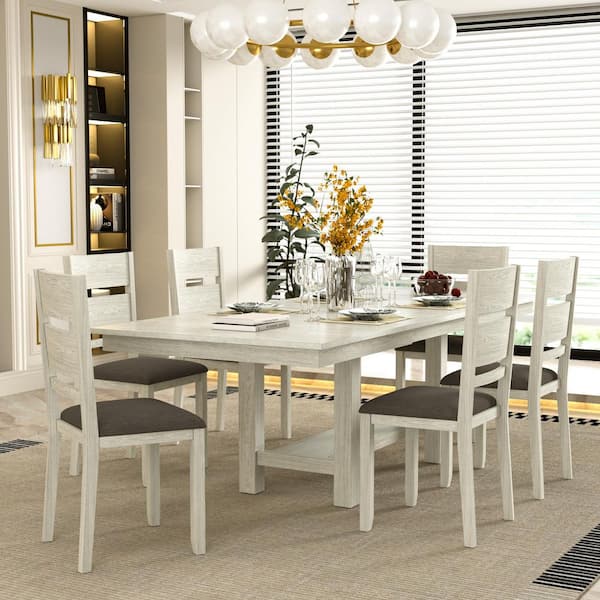 7-Piece Expandable Dining Table Set with 6 Upholstered Chairs, Gray Wood Farmhouse Style Dining Room Furniture Set for 6