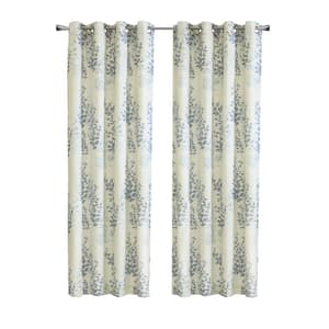 Lana Blue Polyester Linen Floral 50 in. W x 63 in. L Grommet Indoor Light Filtering Curtain (Single Panel)