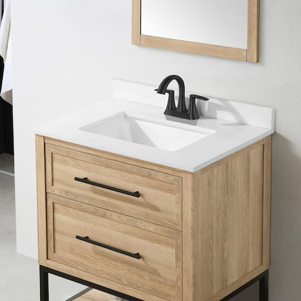 Home Decorators Collection Corley 42 in. W x 19 in. D x 34.50 in. H Bath Vanity in Weathered Tan with White Engineered Stone Top