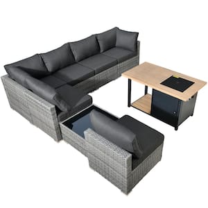 Messi Gray 8-Piece Wicker Outdoor Patio Conversation Sectional Sofa Set with a Storage Fire Pit and Black Cushions