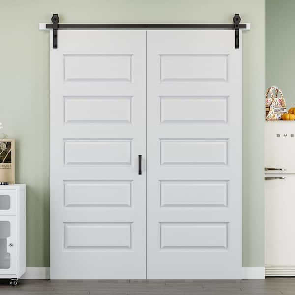 64 in. x 84 in. Paneled 5-Lite White Primed MDF Composite Bi-fold Sliding Barn Door with Hardware Kit and Handle