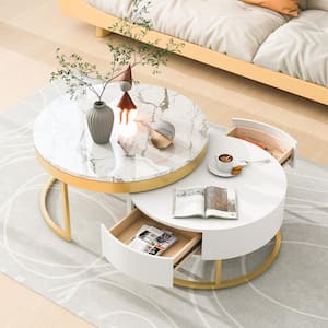 Modern 31.5 in. White and Gold Round MDF Nesting Coffee Table, Accent Table Set with 2 Drawers