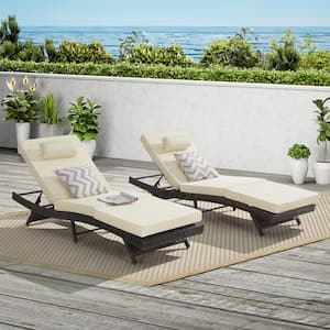 Set of 2 Brown Wicker Outdoor Lounge Chair, Recliner up to 150° with khaki Cushion