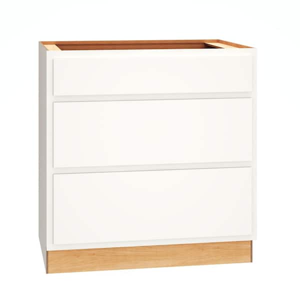 QuickShip Cottage 33 in. W x 24 in. D x 34.5 in. H Assembled 3-Drawer Base Kitchen Cabinet in White Partial Overlay