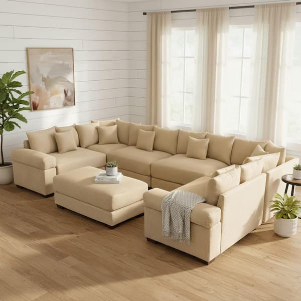 LZXNSN 137.7 in. Straight Arm 7-Piece Corduroy Modular Sectional Sofa with Ottoman and Ergonomic Design in Soft Ivory