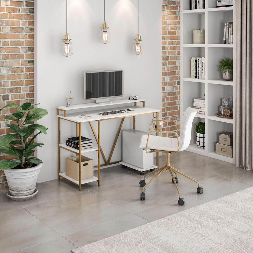 Modern Industrial Gold and Wood Writing Desk with Elevated Shelves