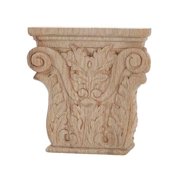 American Pro Decor 5-3/8 in. x 5-1/4 in. x 1-1/8 in. Unfinished Hand Carved American Red Oak Acanthus Wood Onlay Capital Wood Applique