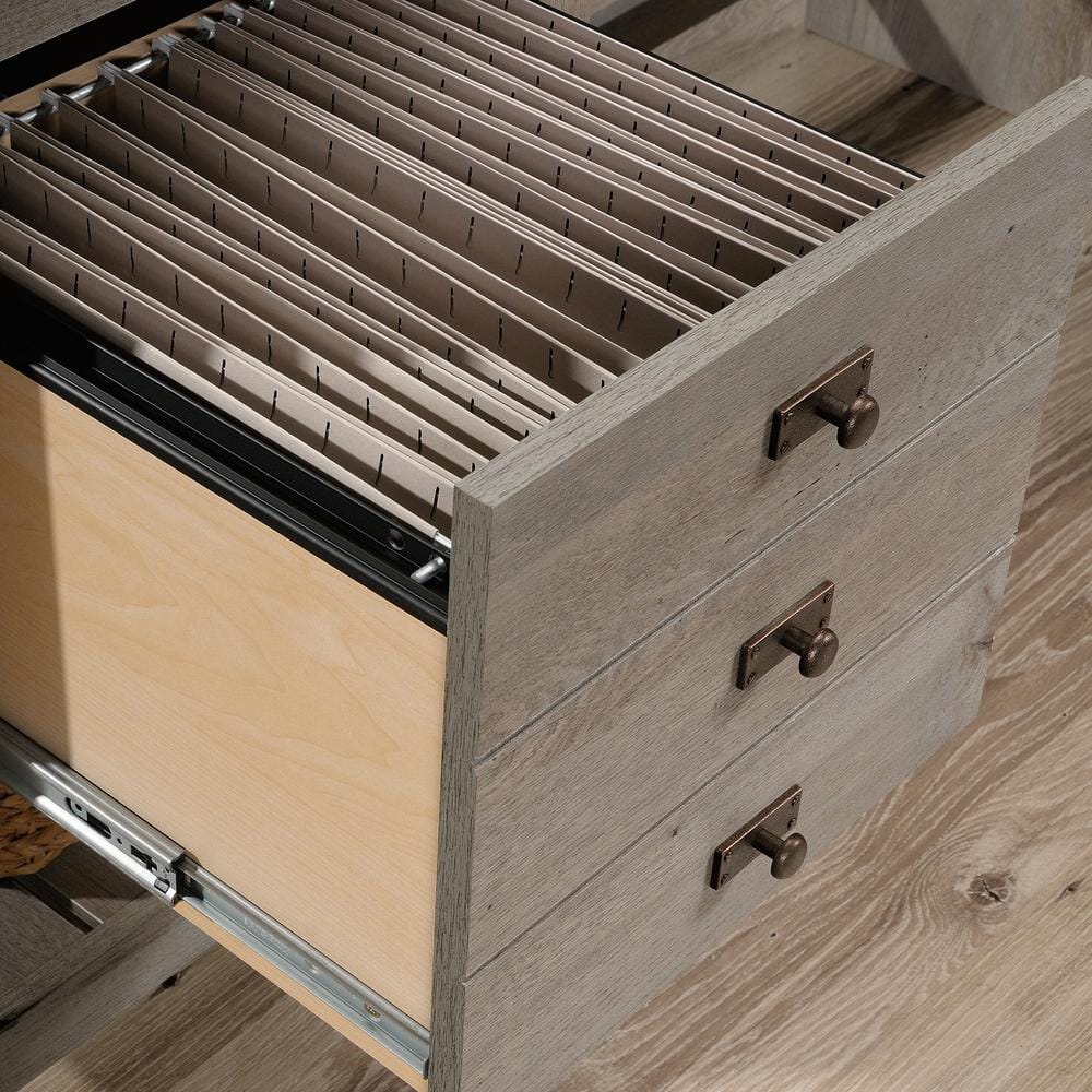 Mystic Oak L-Shaped Gray Wood Computer Desk with Drawer and Filing Cabinet