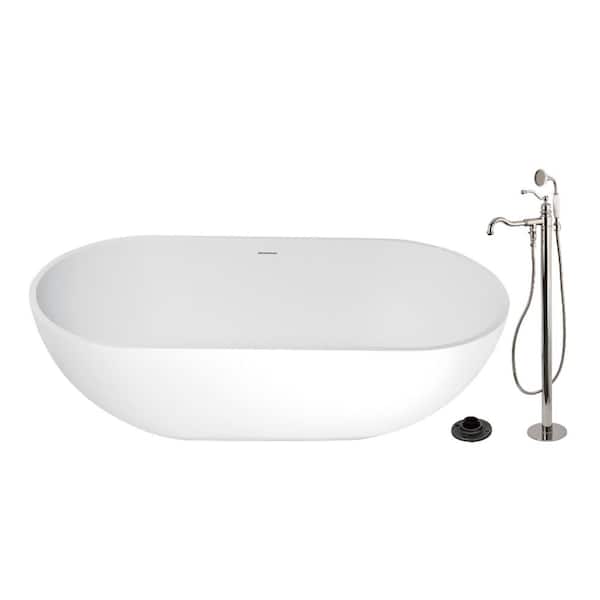 Arcticstone 70.1 in. x 34.6 in. Surface White Stone Flatbottom Soaking Freestanding Bathtub in White/Polished Nickel