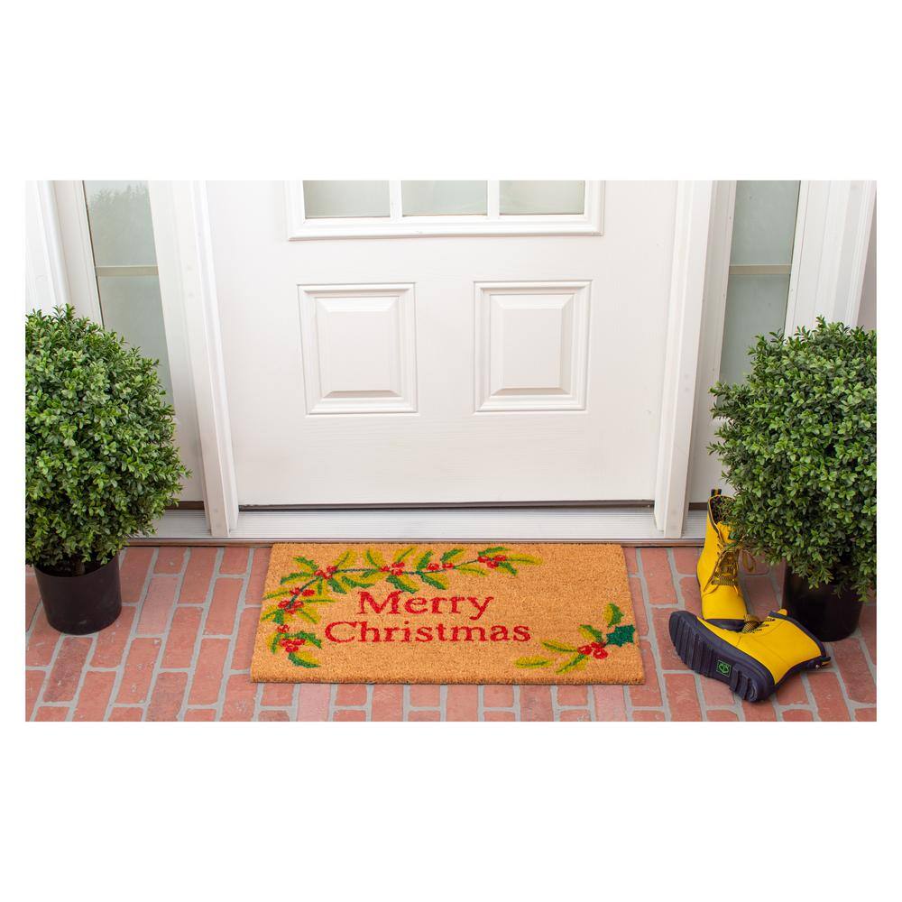 Merry Christmas Coir Doormat with Holly Design