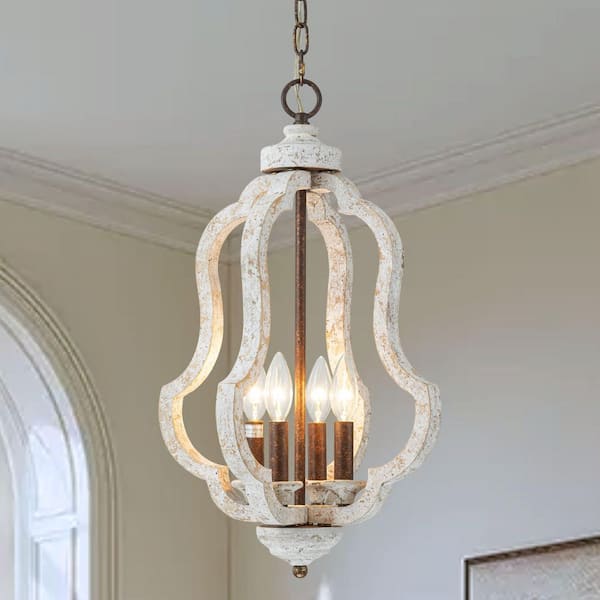 HUOKU Vivacity 4-Light 13.8 in. W Distressed Rust and Wood Chandelier Vintage Cage Geometric Pendant Light for Kitchen