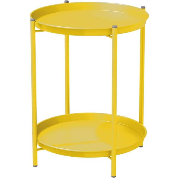 18 in. Outdoor Side Table, Steel 2-Tier End Table Round Accent Table, Yellow