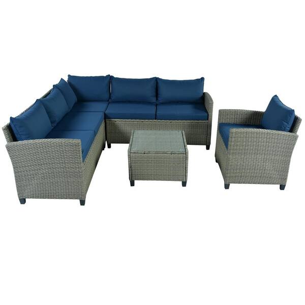 5-Piece Wicker Patio Conversation Set Gray with Blue Cushions GM-L-61 ...