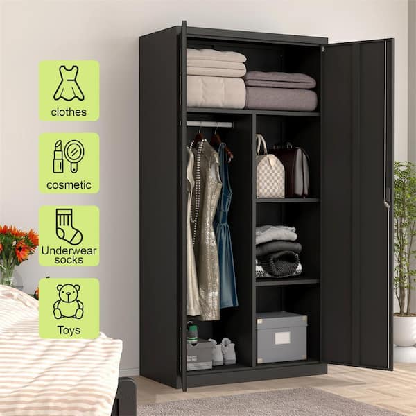Kahomvis Black 70.8 in. H Metal Wardrobe with Hanging Rod, Lock