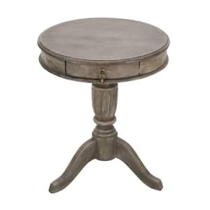 21 in. Rustic Gray Round Top Mango Wood Handcrafted End Table with Drawer and Pedestal Base