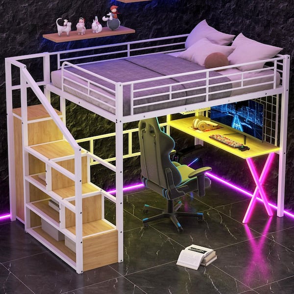 Harper & Bright Designs Gaming Style White Full Size Metal and Wood Loft Bed with Built-in Desk, Wardrobe, LED Light, Storage Staircase