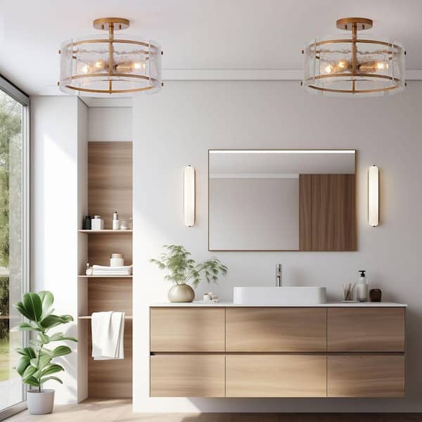 Elvira 16 in. in Diameter Brushed Brass 4-Light Water Textured Glass Drum Flush Mount