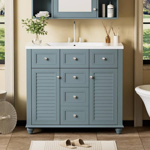 Unbranded 36 in. W x 18 in. D x 34 in. H Single Sink Freestanding Bath Vanity in Blue with White Cultured Marble Top
