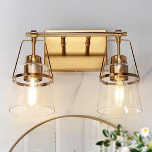 Mid-Century Modern 13 in. 2-Light Plated Brass Vanity Light with Bell Clear Glass Shade
