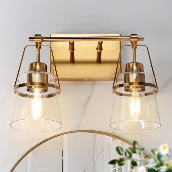 LNC Mid-Century Modern 13 in. 2-Light Plated Brass Vanity Light with Bell Clear Glass Shade