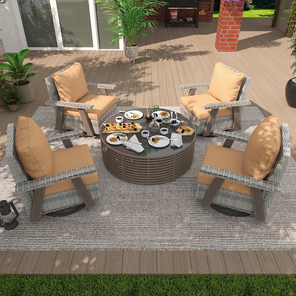 INMITOM 4-Piece Wicker Swivel Outdoor Rocking Chair Set with Ergonomic Armrests and Thick Tan Fade-Resistant Cushions