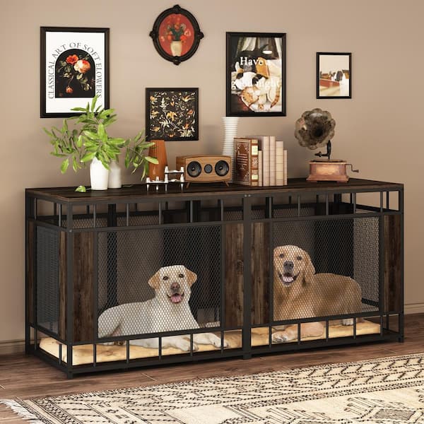 FUFU&GAGA Modern Large Double Dog Crate Furniture, Mesh and Wooden
