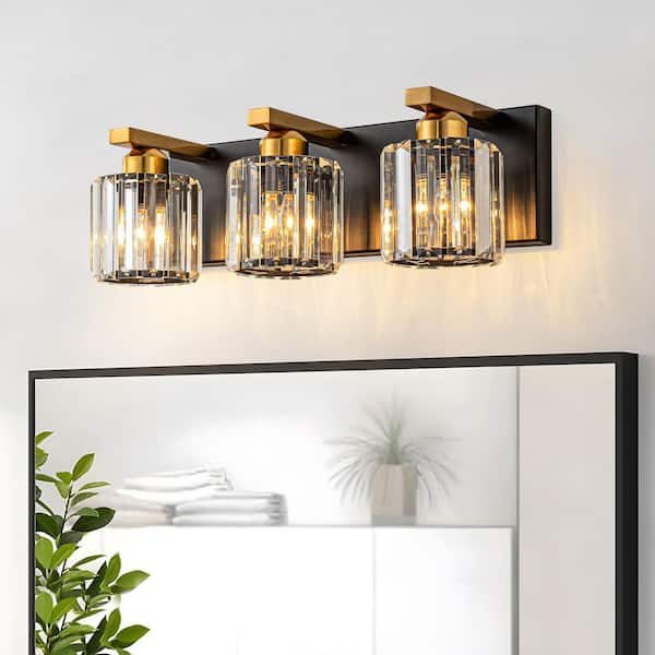 16.93 in. 3 Lights Black and Gold Modern/Contemporary Cylinder Clear Crystal Shade Bathroom Vanity Light
