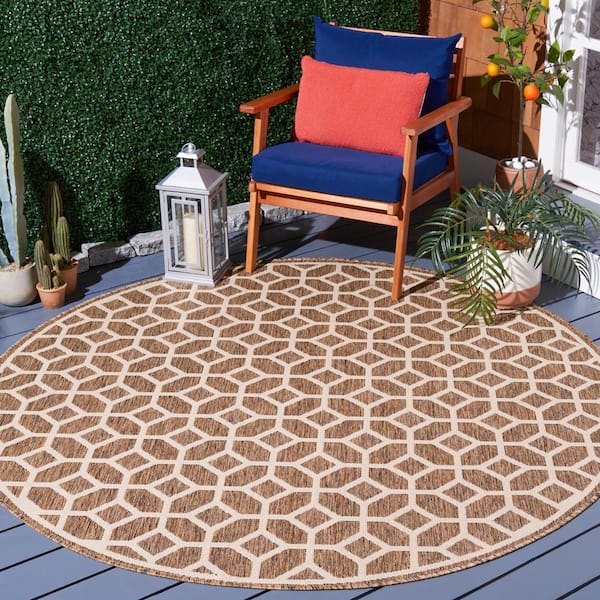 Beach House Beige/Cream 7 ft. x 7 ft. Round Latticework Geometric Indoor/Outdoor Area Rug