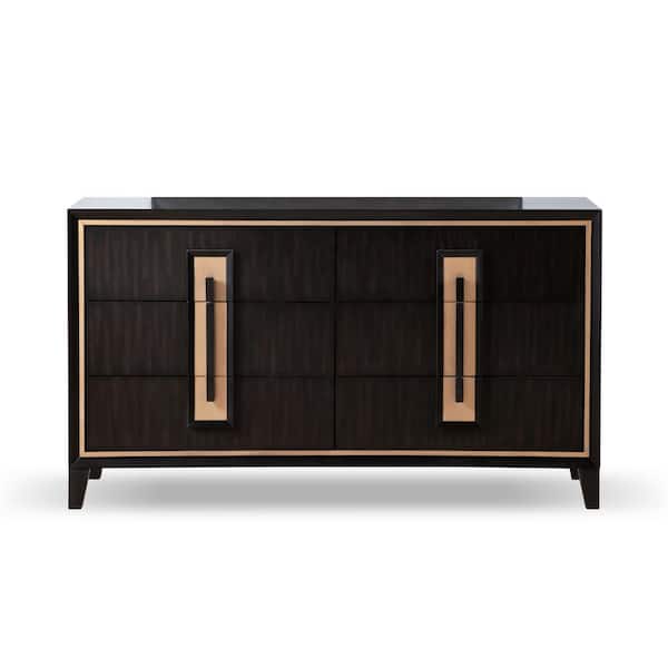 Demi Espresso 6-Drawer 64 in. Dresser with Gold Accent Trim