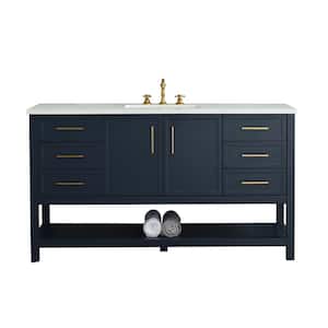 Arlo 60 in W x 22 in D x 34 in H Bath Vanity in Indigo Blue with Engineered Stone Top in Ariston White with White Sink