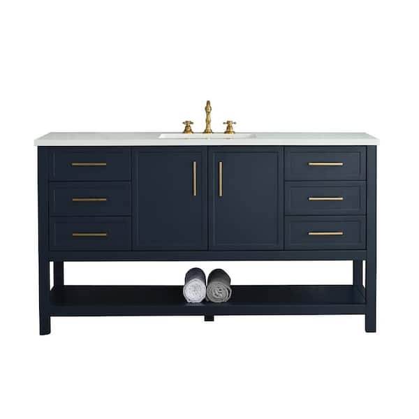 Arlo 60 in W x 22 in D x 34 in H Bath Vanity in Indigo Blue with Engineered Stone Top in Ariston White with White Sink