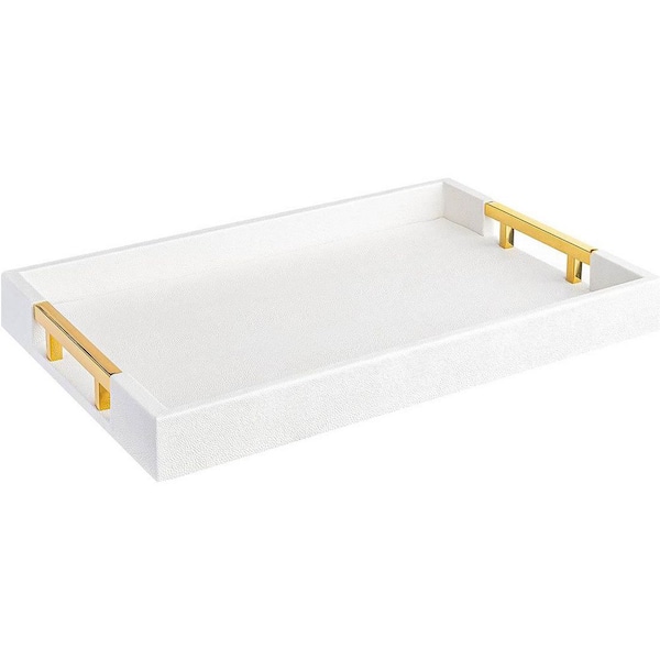 White/Gold Rectangular Faux Leather Decorative Serving Tray with Handles