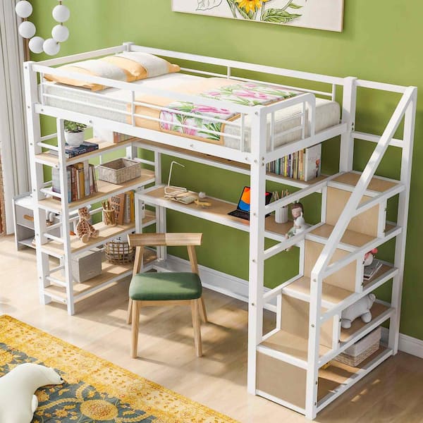 Polibi Twin Size Metal Loft bed with Staircase, Built-in Desk and Storage Shelves, White