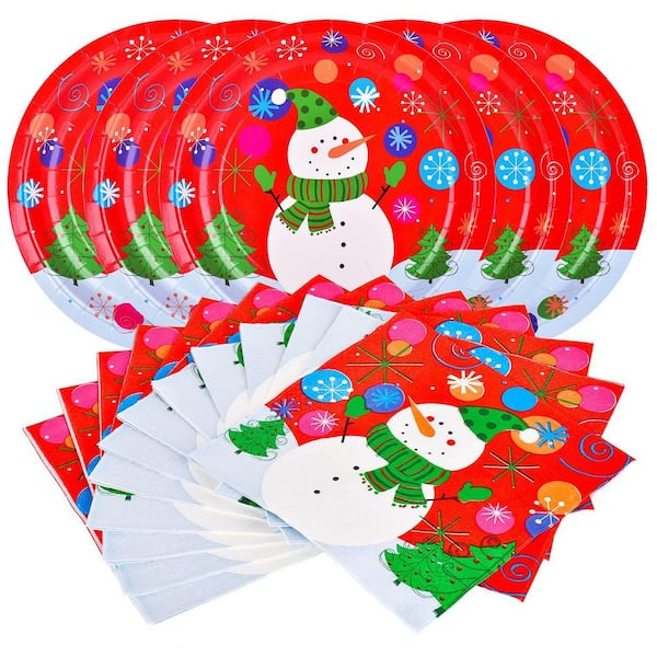 50-Piece Round Kitchen Dinnerware Set, Christmas Snowman Disposable Paper Dinner Plates and Napkins, Service for 50