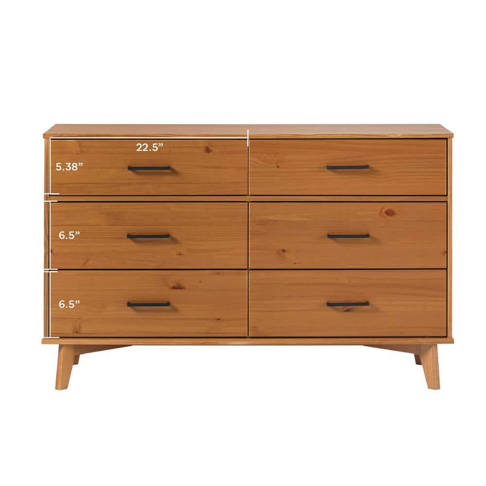 Caramel Solid Pine Wood 6-Drawer Dresser with Metal Handles