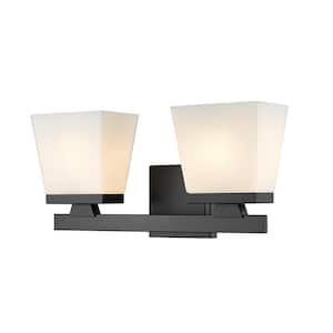 Astor 16 in. 2-Light Matte Black Vanity-Light with Etched Opal Glass Shades