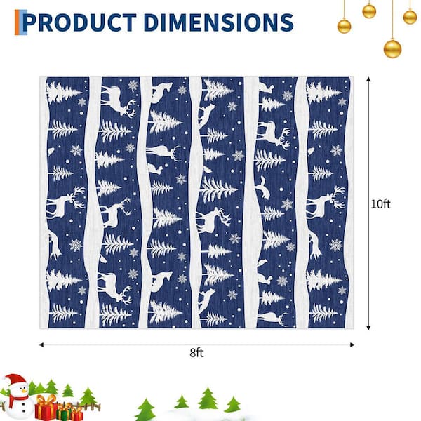 8 X 10 ft. Dark Blue Christmas Washable Area Rug, with Xmas Tree, Reindeer, Non-Slip Backing, Foldable, for Living Room
