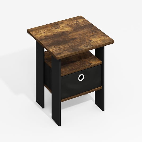 Furinno Modern 16 in. Amber Oak/Black Square Wood End Table with Bin Drawer