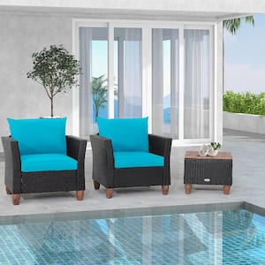 3-Pieces Patio Rattan Conversation Set Outdoor Furniture Set w/Turquoise Cushions