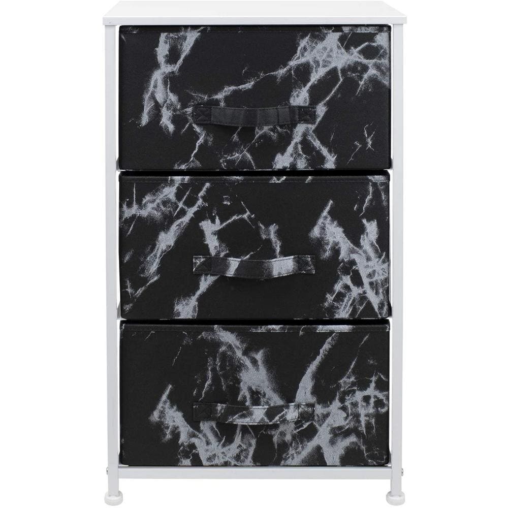 White Frame Black Marble 3-Drawer Nightstand with Fabric Bins