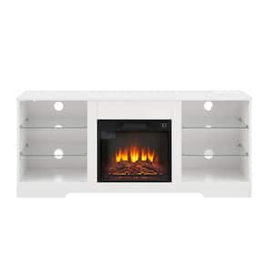 58 in. Electric Fireplace TV Stand with Glass Shelves, LED Lights, USB Charging Outlet Modern TV Table Center in White