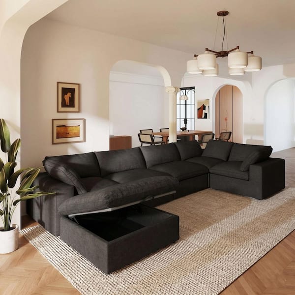 118 in. Square Arm 6-Piece Linen L-shaped Modular Sectional Sofa Corner Cloud Couch in Black with Ottoman